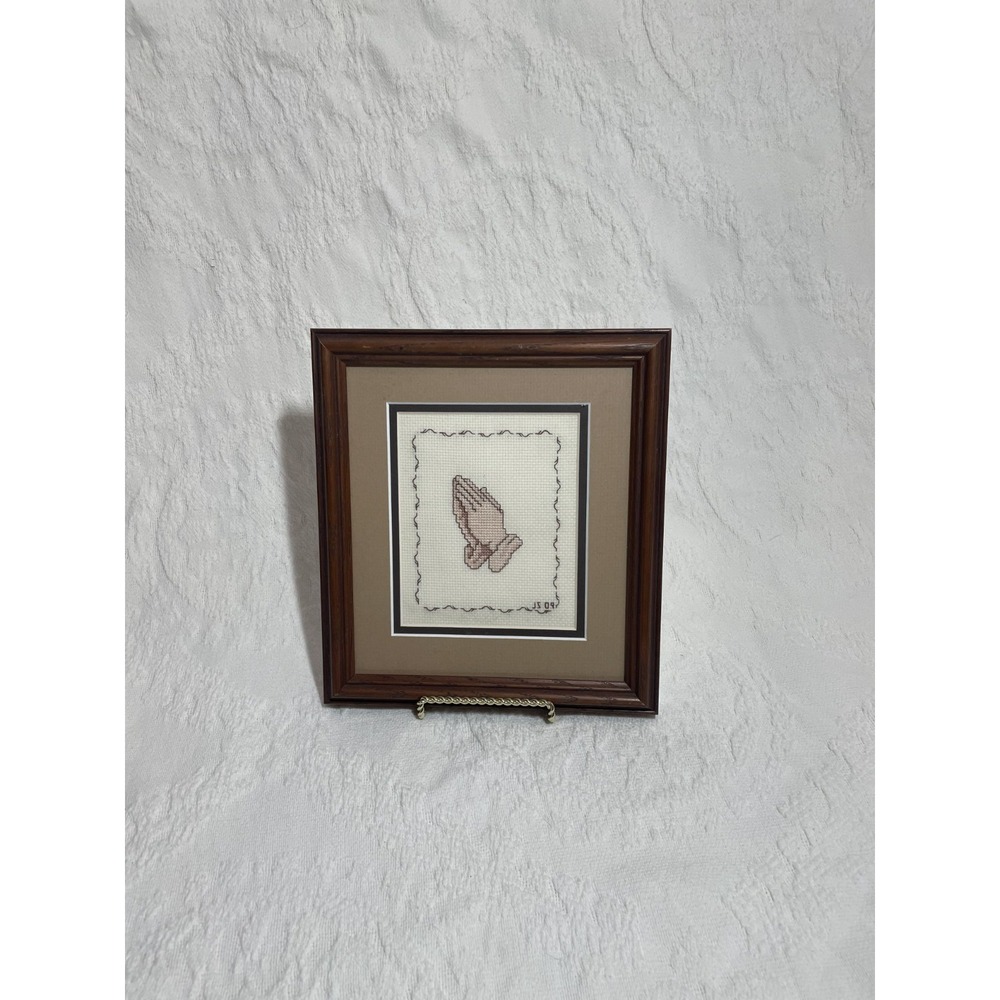 Handmade Cross Stitch Praying Hands Art – Framed Religious Wall Decor